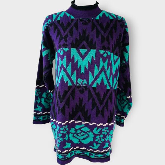 J C & Louis Sweater Vintage Neon Mock Neck Roses Aztec Purple Alternative Large - Picture 8 of 9